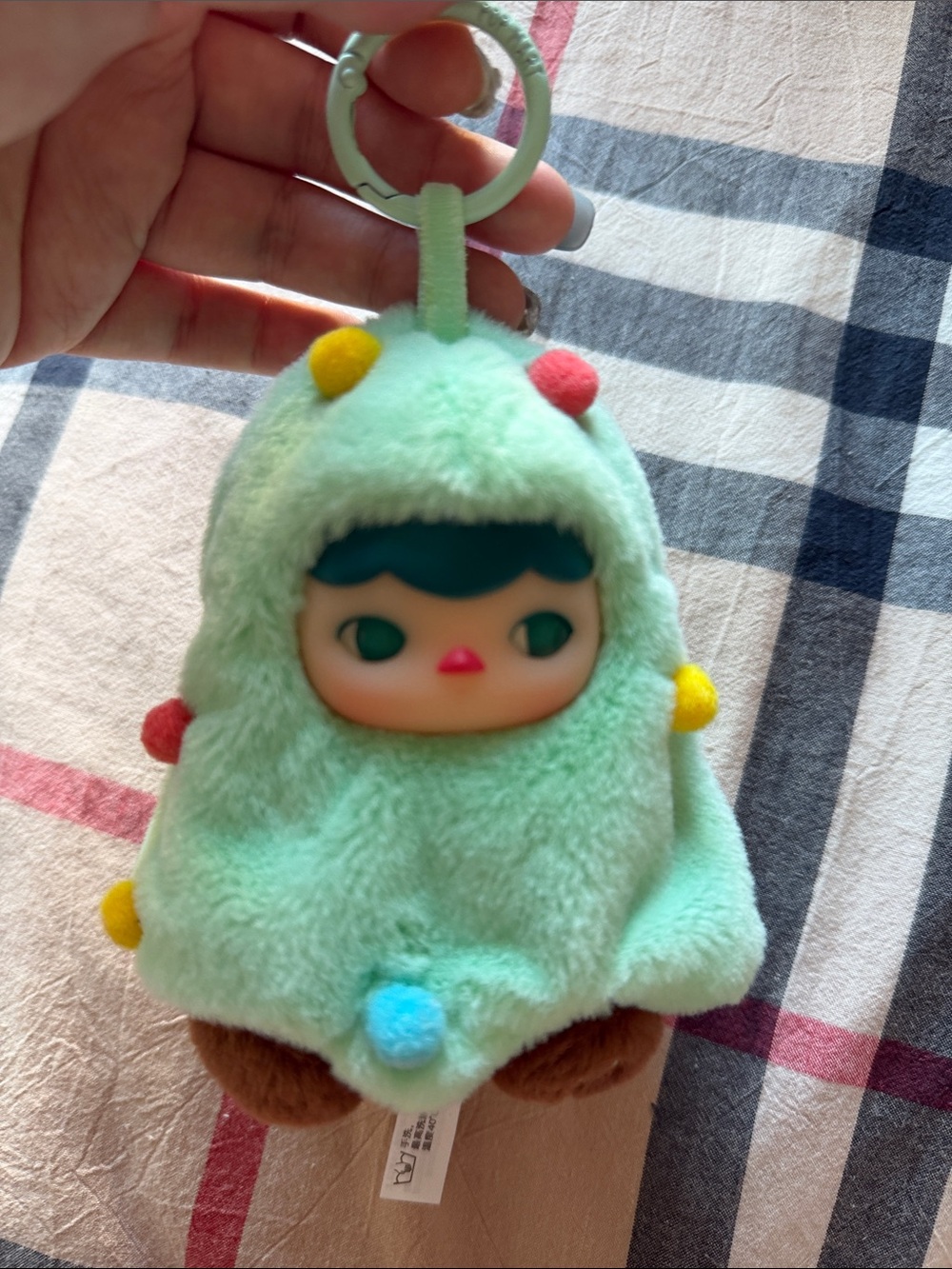 Mint Green Plush Keychain Doll with Colorful Pom-Poms